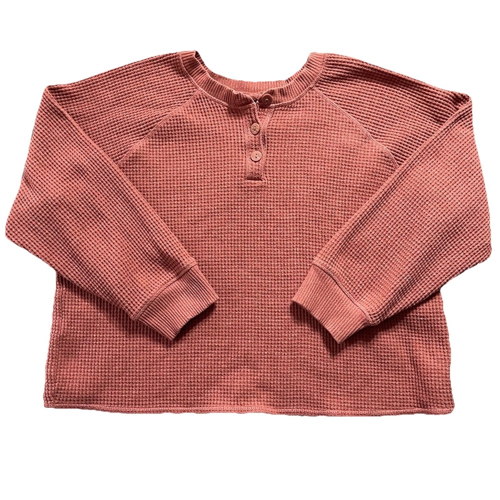 Old Navy Henley Top Women XL Pink Waffle Knit Thermal Long Sleeve Lounge Layer